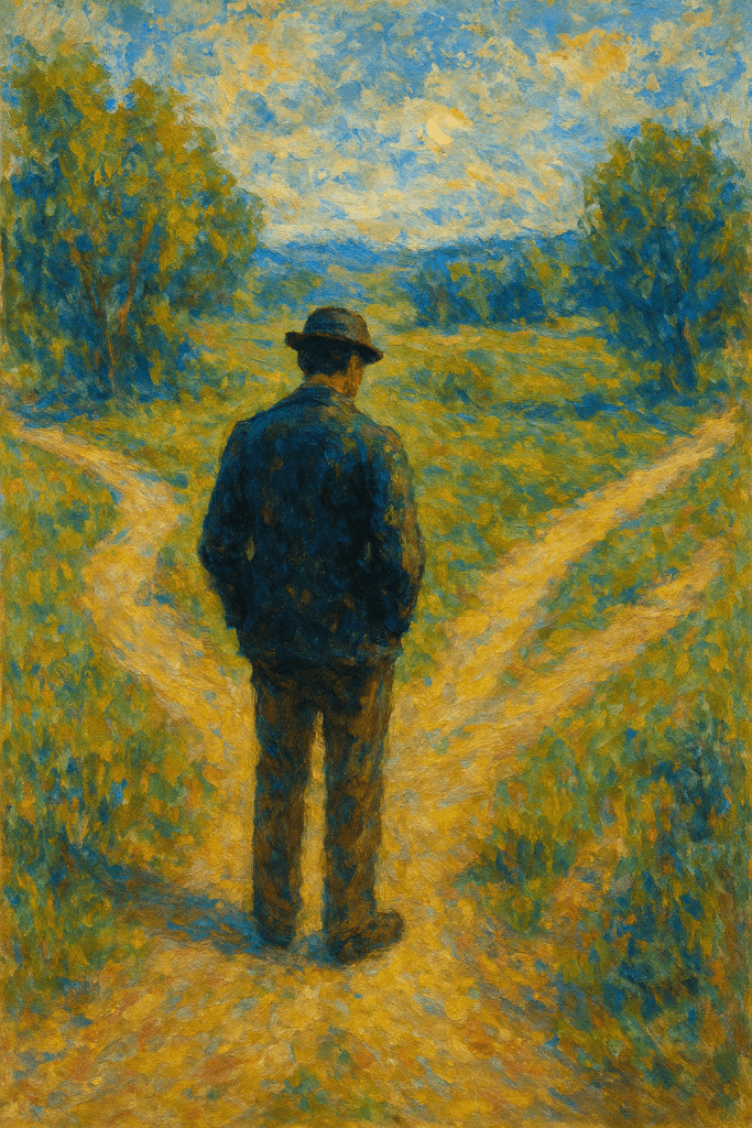 Uomo di spalle a un bivio in campagna. Simboleggia la scelta di un amante che abbandona.