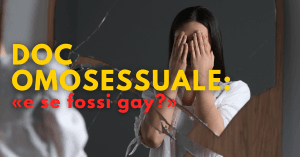 Donna davanti a specchio rotto, mani sul viso, simboleggia il doc omosessuale e la paura di essere gay.