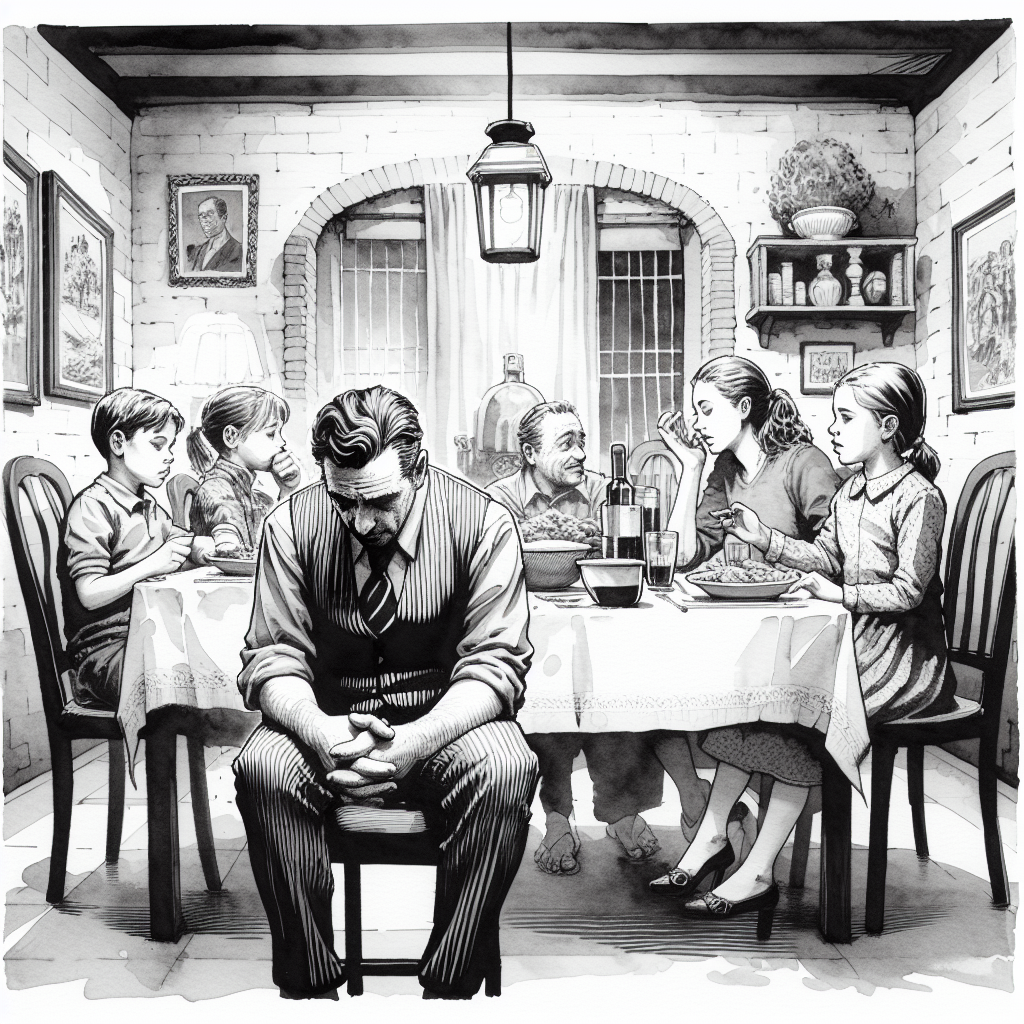 Uomo distratto a cena con i figli, guarda il telefono. Emozioni familiari complesse.