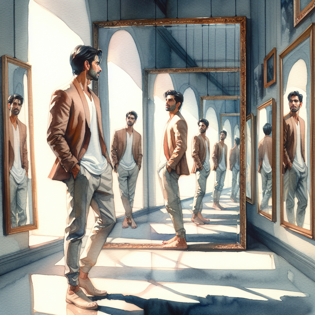 Persona in una stanza con specchi distorti, riflessi confusi