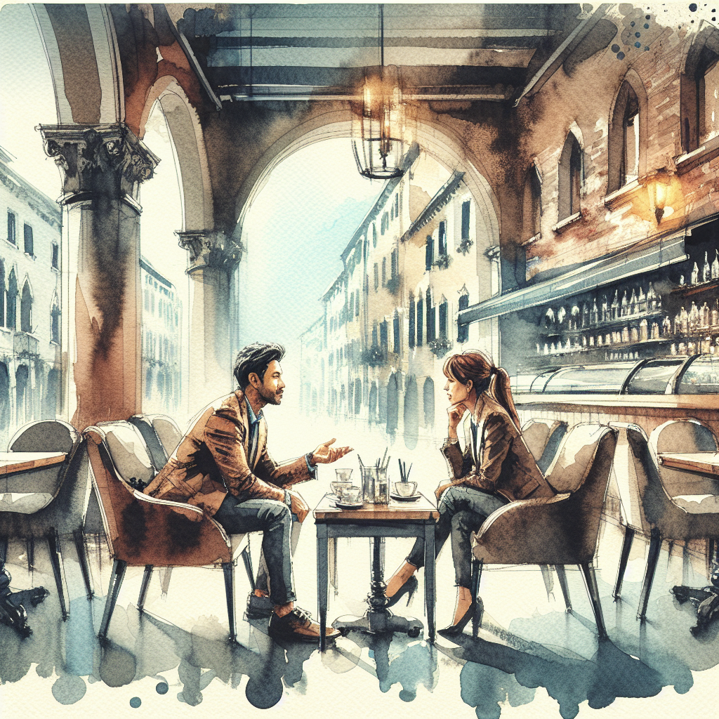 Coppia in un caffè italiano discute fiducia strategica, atmosfera intima.